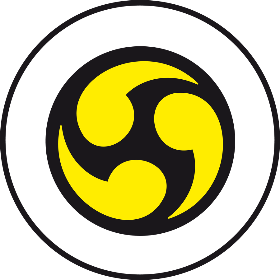 Emblema de Shorei-Kai: hidari gomon, las tres comas de Ryukyu en amarillo sobre negro