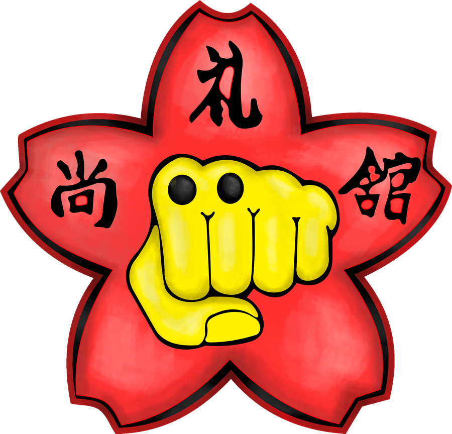 Emblema de Shorei-Kan: flor de cerezo roja con un puño y los caracteres Sho, Rei y Kan